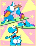 absurd_res anal anal_penetration anthro bent_over big_butt blue_body butt cyan_yoshi disembodied_penis english_text female genitals group hi_res looking_at_viewer looking_back lying male marcodile mario_bros nintendo on_front penetration penis raised_leg solo text yoshi