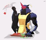 anthro apron athletic athletic_anthro athletic_male bandai_namco black_body blade clothing cooking digimon digimon_(species) food fruit fumamon hi_res kunai luryxia male mask ninja plant scalie solo tail tail_blade tomato warrior weapon weapon_tail