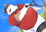 2024 absurd_res anthro belly big_belly bottomwear brown_body brown_fur clothing domestic_cat en_1_9 felid feline felis fur hi_res kemono male mammal open_mouth outside overweight overweight_male pink_nose plant shirt shorts solo sport tennis tennis_racket topwear tree white_body white_fur