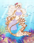 ambient_fish ambient_sealife anthro cheek_tuft clothed clothing distracting_watermark facial_tuft fangs felid female frill_anatomy hair hi_res hybrid long_hair mammal marine merfolk open_mouth open_smile orange_body pantherine purple_eyes smile solo split_form teeth tiger tiggybloom tuft underwater water watermark wavy_hair white_body white_hair