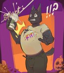 !!? 5_fingers abdominal_bulge absurd_res anthro beverage black_body black_claws black_eyebrows black_fur bottomwear bulge claws clothing comic container cup eek exclamation_point eyebrows felid feline fingers food fruit fur gato_matero gato_matero_(character) halloween hi_res holidays jack-o'-lantern leaf male mammal milkshake pants pink_nose plant pumpkin question_mark sex shirt solo tail topwear torn_clothing voodoo voodoo_sex