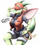 2016 absurd_res anthro anthrofied big_breasts bottomwear breasts clothed clothing dragon english_text female flygon generation_3_pokemon green_body green_scales hand_on_hip hat headgear headwear hi_res high-angle_view jacket kemono looking_at_viewer membrane_(anatomy) membranous_wings mythological_creature mythological_scalie mythology nintendo non-mammal_breasts open_mouth pokemon pokemon_(species) pokemon_ranger pokemon_ranger_(character) pokemorph purple_eyes red_body red_scales rope scales scalie shorts signature simple_background solo tail tailzkim text thick_tail three-quarter_view tongue topwear white_background wide_hips wings