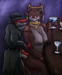 absurd_res alcohol anthro bar beverage blue_eyes breasts clothed clothing coat cocktail dragon fedora female fishnet_clothing flirting gem glass gold_digging group hat headgear headwear hi_res humanoid jewelry kinktober kobold kobolds_in_a_trenchcoat male male/female mythological_creature mythological_scalie mythology nipples ruby_(gem) scalie simple_background size_difference skimpy standing_on_another topwear totem_pole_trenchcoat trenchcoat trio yenocwolf