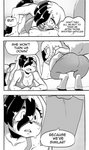 ?! anthro bodily_fluids breasts butt cleavage clothed clothing comic cookie_(furryfight_chronicles) daigaijin dialogue duo english_text female furryfight_chronicles hi_res lagomorph leporid lying mammal monochrome muko on_front rabbit rodent sciurid shirt sweat tank_top text topwear tree_squirrel