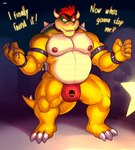 2022 2_horns absurd_res anthro balls_outline bowser bowser_logo bowser_logo_thong bracelet bulge claws clothing collar detailed_bulge dialogue digital_media_(artwork) english_text genital_outline hi_res horn illumination_entertainment jewelry koopa male mario_bros musclegut muscular muscular_anthro muscular_male nintendo nipples non-mammal_nipples penis_outline reptile scalie solo spiked_collar spikes super_star text the_super_mario_bros_movie thong turtle underwear zourik