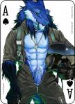 2017 abs ace_of_spades animal_genitalia animal_penis anthro armor blue_body blue_fur card card_template clothed clothing copyright_symbol digital_media_(artwork) disciplewinter erection fonyaa fur genitals headgear helmet male mammal muscular muscular_anthro muscular_male pecs penis playing_card playing_card_template sergal simple_background smile solo spades_(suit) suit_symbol symbol