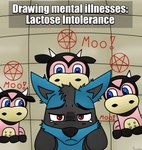 absurd_res anthro black_body black_fur blue_body blue_eyes blue_fur canid canine female feral fur generation_2_pokemon generation_4_pokemon group hi_res humor lucario male mammal meme miltank nintendo occult_symbol padded_room pawsta pentagram pink_body pink_fur pokemon pokemon_(species) red_eyes symbol