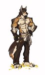 2024 abs anthro bottomwear brown_body brown_fur canid canine canis chinese_text clothed clothing coyote echo_(series) echo_project facial_hair fur hair hi_res looking_at_viewer male mammal milatora1 muscular muscular_anthro muscular_male nipples pants_only pecs serratus showing_chest simple_background solo tail text the_smoke_room topless white_body white_fur william_adler