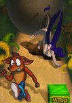 activision bottomwear boulder claws clothing crash_bandicoot crash_bandicoot_(series) duo female feral hair imminent_danger male male/female oracle_sphinx pants paws purple_hair rock running tail tail_tuft tiana_(oracle_sphinx) tuft wings