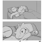 2016 anon anthro awake bed bed_sheet bedding blanket blush bodily_fluids claws comic cuddling dialogue drooling duo end_page english_text eyelashes eyes_closed female furniture generation_1_pokemon happy horn hotel human inside lying male mammal monochrome nidoqueen night nintendo pillow pokemon pokemon_(species) queenie_(shoutingisfun) saliva scalie shocked shoutingisfun sleeping slightly_chubby text wide_eyed