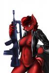 2015 2:3 anthro areola assault_rifle breasts camel_toe clothed clothing d-lowell earth_pony equid equine famas fan_character female gun hair hasbro hi_res horse jacket looking_at_viewer mammal my_little_pony navel nipples open_clothing open_jacket open_topwear panties pony ranged_weapon red_eyes red_hair rifle simple_background smile solo thong topwear underwear weapon white_background