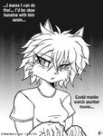 2016 anthro blush breasts clothed clothing clothing_lift comic domestic_cat english_text felid feline felis female hair if_hell_had_a_taste mammal marci_hetson monochrome open_mouth shirt shirt_lift solo text topwear viroveteruscy