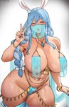 absurd_res animal_humanoid areola big_breasts biped blue_hair bodily_fluids bracelet breast_curtains breasts clothed clothing cromwellb female gesture hair hand_gesture hi_res hololive humanoid jewelry lagomorph lagomorph_humanoid legwear leporid_humanoid mammal mammal_humanoid navel open_mouth open_smile pekomama rabbit_humanoid smile solo sweat sweaty_breasts thick_thighs thigh_highs translucent translucent_clothing v_sign vtuber wide_hips