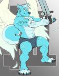 2018 abs anthro biceps big_muscles biped blue_body blue_fur body_writing bulge canid canine canis claws clothed clothing digital_media_(artwork) domestic_dog english_text fur hair hi_res husky male mammal muscular muscular_anthro muscular_male navel nightterror nordic_sled_dog obliques pecs simple_background sitting solo spitz steelfire text text_on_body toe_claws topless triceps underwear wings