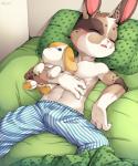 anthro blush brown_body brown_fur bulge child clothed clothing eyes_closed fur hi_res kemono lagomorph leporid lying male mammal navel on_back pajamas plushie rabbit sleeping solo topless unrealplace young young_anthro