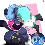 1:1 anthro anthro_pred anthro_prey belly big_belly big_breasts bloated blu_(bludoe) blue_hair bodily_noises bottomwear breasts clothing collar cutaway cutoffs deer denim denim_bottomwear denim_clothing different_sound_effects digestion_noises digital_media_(artwork) domestic_ferret duo ear_piercing emmy_dook female female_pred femboy hair head_first hi_res imminent_digestion inside_stomach internal kneeling licking licking_lips male male/female male_prey mammal mustelid musteline neck_bulge nom_(sound_effect) onomatopoeia oral_vore organs partially_inside piercing rumbling rumbling_stomach same_size_vore sharp_teeth shorts slightly_chubby slightly_chubby_anthro slightly_chubby_female sound_effects spiked_collar spikes squealydealy stomach swallowing swallowing_sound_effect teeth text thick_thighs tongue tongue_out true_musteline vore weasel white_hair