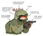 anthro antlers backpack biped brown_body clothed clothing deer english_text female gloves gun handgun handwear hazard_symbol hi_res holding_gun holding_handgun holding_object holding_pistol holding_ranged_weapon holding_weapon hood horn mammal new_world_deer pistol radiation_symbol ranged_weapon red_nose reindeer rue_(the-minuscule-task) s.t.a.l.k.e.r. simple_background solo symbol text the-minuscule-task weapon white_background