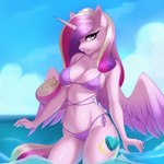 1:1 absurd_res anthro bikini biped blonde_hair breasts clothed clothing equid equine eyelashes female friendship_is_magic hair hasbro hi_res horn mammal multicolored_hair my_little_pony mythological_creature mythological_equine mythology pink_body pink_hair princess_cadance_(mlp) pupils purple_bikini purple_clothing purple_hair purple_swimwear side-tie_bikini smile solo string_bikini swimwear thick_thighs two-piece_swimsuit winged_unicorn wings yutakira92