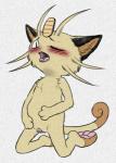 anthro blush felid female generation_1_pokemon genitals graphite_(artwork) mammal meowth nintendo one_eye_closed open_mouth pokemon pokemon_(species) pussy python13rp semi-anthro simple_background solo tongue tongue_out traditional_media_(artwork) whiskers white_background yaroul