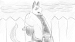 16:9 animal_crossing anthro backpack clothing comic dialogue_in_description domestic_cat dragonweirdo felid feline felis female fence hi_res jacket looking_at_viewer looking_back looking_back_at_viewer luggage mammal monochrome nintendo olivia_(animal_crossing) outside solo topwear widescreen