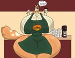 absurd_res annoyed anthro apron apron_only australian_cattle_dog barista big_breasts bluey_(series) breasts canid canine canis cattledog chilli_heeler clothing coffee_shop dialogue domestic_dog english_text female food fruit halloween herding_dog hi_res holidays huge_breasts i_mean_breast_milk luxioboi22 mammal meme mother_(lore) parent_(lore) pastoral_dog pencil_(object) plant profanity pumpkin solo text thick_thighs wide_hips