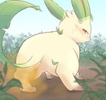 3sthrees anus blush bodily_fluids breath butt crouching eeveelution fart fart_cloud female feral generation_4_pokemon genitals hi_res leafeon narrowed_eyes nintendo open_mouth outside pokemon pokemon_(species) pussy raised_tail rear_view relieved solo sweat tail