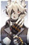 anthro canid canine canis clothing fingerless_gloves fur gloves hair handwear harness hi_res kemokemono leather leather_harness male mammal mihoyo red_eyes shirt solo tail topwear vest von_lycaon white_body white_fur white_hair wolf zenless_zone_zero