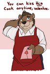 2022 anthro apron blue_eyes brown_body brown_fur clothing dale_(echo) echo_(game) echo_(series) echo_project english_text envelope facial_hair fur hair hand_behind_head hi_res holidays male mammal mustelid otter overweight overweight_anthro overweight_male pink_background shirt sideburns simple_background solo text topwear unsafescapewolf valentine's_day white_background white_clothing white_shirt white_topwear