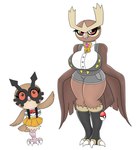 anthro beak big_breasts bottomwear breasts brown_body clothing duo eyelashes female generation_2_pokemon hi_res hoothoot huge_breasts legwear nintendo noctowl overalls pokeball pokemon pokemon_(species) red_eyes ribbons shirt shorts simple_background skirt tail topwear urusee584 white_background wings