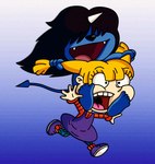 2023 angelica_pickles beezle_(unico) black_hair blonde_hair blue_background blue_body carrying_another child clothed clothing crossover demon digital_drawing_(artwork) digital_media_(artwork) duo fangs female fully_clothed hair hair_over_eyes hi_res human humanoid humor jj_animation male mammal nickelodeon osamu_tezuka piggyback purple_clothing riding rugrats running sanrio simple_background spade_tail tail teeth unico_(series) upset voice_actor_joke young