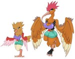 anthro beak belt big_breasts black_eyes bottomwear breasts brown_body brown_hair clothing duo fearow female footwear generation_1_pokemon hair jacket larger_female nintendo pokeball pokemon pokemon_(species) red_hair shirt shorts simple_background size_difference smaller_female spearow tail topwear urusee584 white_background wings