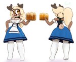 alcohol anthro antlers barmaid beer beverage big_breasts blonde_hair blue_clothing blue_dress breasts cleavage clothed clothing curvy_figure deer dress female guak hair happy hi_res horn mammal model_sheet moose neckwear new_world_deer nora_ashford simple_background smile solo tall text wide_hips