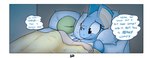 2018 ?_face anon anthro awake bed bed_sheet bedding claws comic cuddling dialogue digital_media_(artwork) duo english_text eyelashes female furniture generation_1_pokemon happy horn hotel human inside lying male mammal nidoqueen night nintendo on_back pillow pokemon pokemon_(species) queenie_(shoutingisfun) scalie shoutingisfun sleeping slightly_chubby smile text