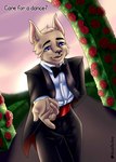 absurd_res anthro arch black_tie_(suit) blue_eyes bow_tie canid canine canis clothed clothing dialogue dragon english_text flower fur hi_res hybrid jack_(jackwolf) lanathesheep male mammal mythological_creature mythological_scalie mythology offering_hand outside plant rose_(flower) scalie solo suit sunset tan_body tan_fur text wolf