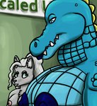 2023 alligatorid anthro azrael_(tertia) azurlligator big_breasts black_nose blue_body blue_eyes blue_lips blue_lipstick blue_nipples blue_scales blush breasts bulging_neck canid canine canis chest_tuft cleavage clothed clothing crocodilian digital_drawing_(artwork) digital_media_(artwork) duo eyebrows eyelashes fangs female fur girl_staring_at_man's_chest green_wall grey_body grey_fur grey_hair hair half-closed_eyes hi_res inner_ear_fluff interspecies large_pecs larger_female lips lipstick looking_at_another looking_at_partner looking_down makeup mammal multicolored_body multicolored_scales muscular muscular_anthro muscular_female narrowed_eyes nathile_tiduna nipples non-mammal_breasts pecs pink_nipples ponytail reptile scales scalie scutes shirt sign size_difference skywater smaller_female snout teeth topless topless_anthro topless_female topwear tuft wall_(structure) wavy_hair wolf yellow_scutes