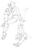 2021 absurd_res anthro aruurara bangs belt bottomwear canid canine canis chest_tuft clothed clothing domestic_dog female fluffy footwear hi_res line_art mammal monochrome raised_leg retriever_(aruurara) shirt shoes shorts sitting sketch smile solo textless toeless_footwear toeless_shoes topwear tuft