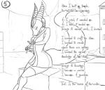 anthro clothed clothing comic digital_media_(artwork) dragon english_text female feretta low_res mis'alia monochrome mountain mythological_creature mythological_scalie mythology outside scalie silver_dragon solo tail text tumblr