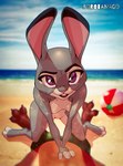 anthro beach bent_over borotamago bottomwear breasts canid canine clothing disney duo female fox hi_res judy_hopps lagomorph leporid male male/female mammal nick_wilde nude rabbit red_fox seaside shorts swimwear true_fox zootopia zootopia_shorts