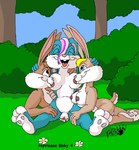 anthro binky_bunny_(rutwell) blonde_hair blood blue_body blue_eyes blue_fur bodily_fluids breasts brown_body brown_fur buckteeth clitoris eyes_closed female female/female forest fur genital_fluids genitals grey_pawpads group hair joy_bunny kthanid_(artist) lagomorph leporid male male/female mammal nipple_fetish nipple_play nipple_suck nipples nude pawpads pink_nose plant purple_hair pussy rabbit randy_rabbit rutwell_forest scut_tail short_tail shrub sucking tail teeth toony tree trio