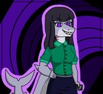 cellphone clothing daniela_sanchez electronics female fish green_clothing grey_body hair long_hair marine patchesart phone purple_eyes shark solo trans_(lore) trans_woman_(lore)