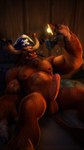 2020 3d_(artwork) 4k 9:16 absurd_res anthro archmage-rykarr arm_tattoo balls biceps blizzard_entertainment bovid bovine brown_body brown_fur camera digital_media_(artwork) erection facial_hair facial_piercing fur genitals hi_res high-angle_view horn horn_jewelry humanoid_genitalia humanoid_penis jewelry licking licking_lips looking_at_viewer lying male mammal nipples nose_piercing nose_ring nude on_back pecs penis piercing pirate pirate_hat purple_eyes ring_piercing selfie smile smiling_at_viewer smirk smirking_at_viewer solo spread_legs spreading tail taking_picture tattoo tauren tongue warcraft watermark widescreen