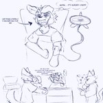 1:1 2024 after_surgery ambiguous_gender anthro black_and_white black_line_art blue_and_white canid canine canis cheek_tuft clothing coat compliment digital_media_(artwork) domestic_dog drugged english_text eyebrows facial_tuft floppy_ears gesture group head_on_pillow hi_res lying male mammal mask medical_instrument monochrome on_back scientific_instrument shirt simple_background snout speech_bubble substance_intoxication surgical_mask tail text thought_bubble topwear trolley tuft under_covers walking waving white_background winterfrost_(artist) winterfrost_(winterfrost)