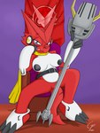 anthro bandai_namco black_nipples blue_eyes breasts chair digimon digimon_(species) digimon_xros_wars female furniture genitals hi_res nipples overlord_gabriel pussy red_body shoutmon smile solo throne