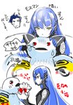 anthro aogami_(character) atlus blue_hair blush embarrassed group hair hi_res human japanese_text long_hair male mammal megami_tensei mothman_(megami_tensei) nahobino_(smt) p_i2022 petting red_eyes sega text trio yellow_eyes