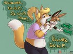 anthro anthro_pred bottomwear canid canine clothing female female_pred fox lagomorph leporid mammal muffled_speech oral_vore pants partially_inside rabbit scott_calico shirt sound_effects topwear vore