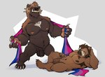 abs anthro armpit_hair balls barazoku bedroom_eyes biped bisexual_pride_colors bo_(dead_stray_bear) body_hair brown_body brown_eyes brown_fur chest_hair chest_tuft claws clothing crotch_tuft dead_stray_bear duo ear_piercing eyebrows facial_hair facial_tuft flaccid foreskin fur genitals glans goatee gulonine hair hi_res humanoid_genitalia humanoid_penis lgbt_pride lying male male_anthro mammal musclegut muscular muscular_anthro muscular_male mustelid musteline nails narrowed_eyes navel nipples notched_ear nude nude_male on_side orange_eyes pawpads paws pecs penis piercing pink_glans plantigrade presenting pride_color_clothing pride_colors seductive simple_background smile smiling_at_viewer smirk smirking_at_viewer smug smug_face spread_arms spread_legs spreading standing suid suina sus_(pig) teasing teasing_viewer thick_thighs tuft tusks unretracted_foreskin wearing_flag wild_boar wolverine yellow_sclera