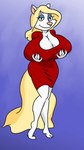 9:16 animaniacs anthro barefoot big_breasts blonde_hair breasts causticutie clothing dress eyeshadow feet female fur hair hi_res holding_breast huge_breasts looking_at_viewer makeup mammal minerva_mink mink mustelid musteline red_clothing red_dress simple_background smile solo tail true_musteline warner_brothers white_body white_fur yellow_tail