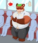 anthro belly big_belly black_bottomwear black_clothing black_pants blush bodily_fluids bottomwear bulge canid canine clothed clothing fur group hand_on_pec headgear headwear hi_res human kemono leaf male mammal nipples overweight overweight_male pants public_train public_transportation raccoon_dog sdscrib shirt solo sweat sweatdrop sweaty_clothing tanuki topwear white_clothing white_shirt white_topwear