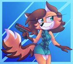 anthro bottomwear breasts brown_body brown_fur brown_hair canid canine clothing cyan-sky female fluffy fluffy_tail fox fur green_eyes hair laser_gun macy mammal multicolored_body multicolored_fur orange_body orange_fur ranged_weapon shirt shorts smile snaggle_tooth solo tail topwear weapon white_body white_fur