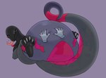 2023 anthro belly belly_rub belly_squish big_belly biped black_body blush claws digital_drawing_(artwork) digital_media_(artwork) disembodied_hand duo feet female generation_7_pokemon grey_body hand_on_belly happy hi_res huge_belly legs_up long_tail long_tongue lying markings multicolored_body nintendo obese obese_anthro obese_female on_back one_eye_closed overweight overweight_anthro overweight_female pink_body pink_markings pokemon pokemon_(species) purple_background purple_body purple_sclera salazzle semi-anthro simple_background smile soles solo_focus squish tail tongue tongue_out xeniyy